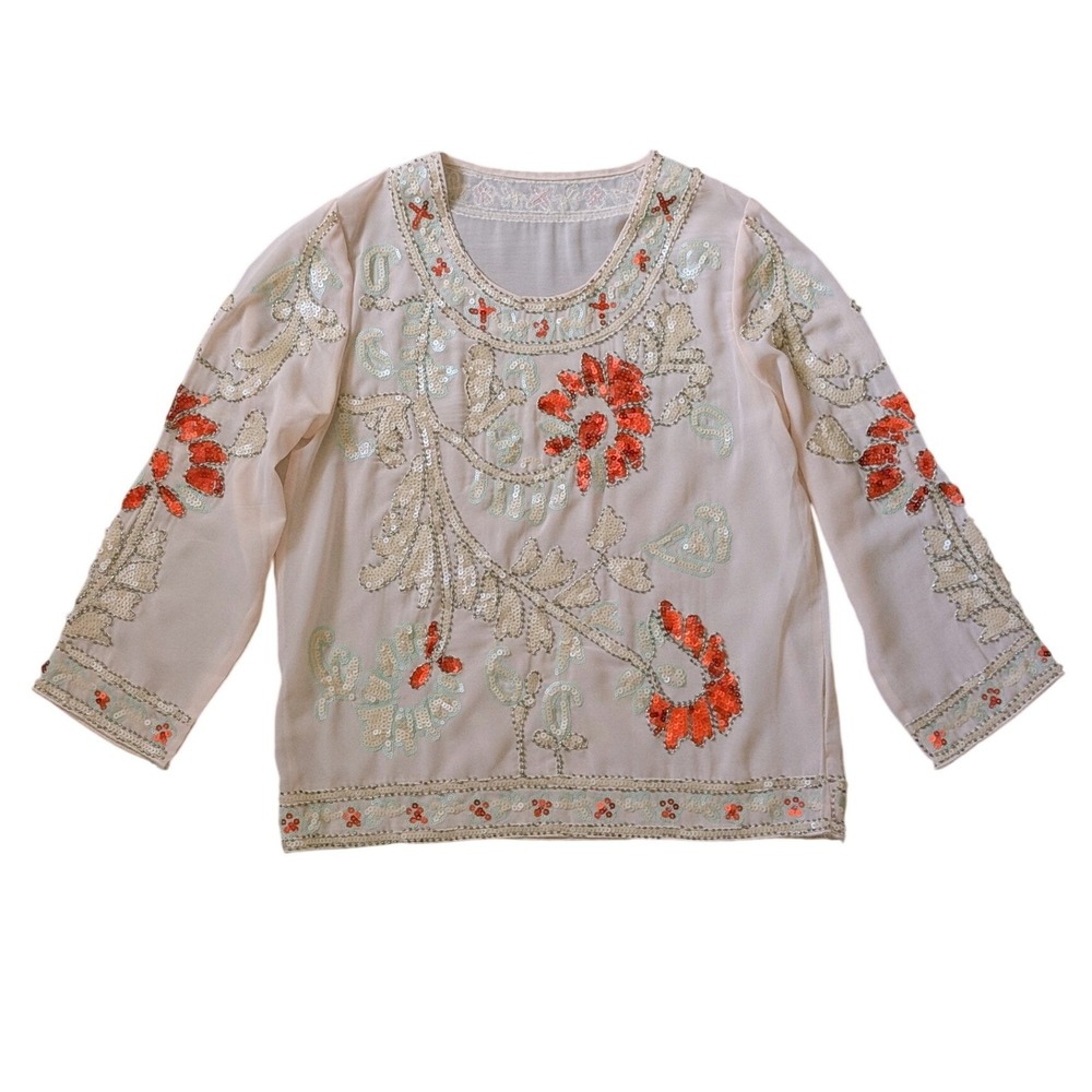 Vintage Inspired Johnny Was Style Dusty Pink Embellished Floral Sheer Blouse